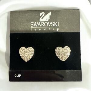 NWT Swarovski Signed Pave Crystal Heart Earrings, Clip-On Earrings